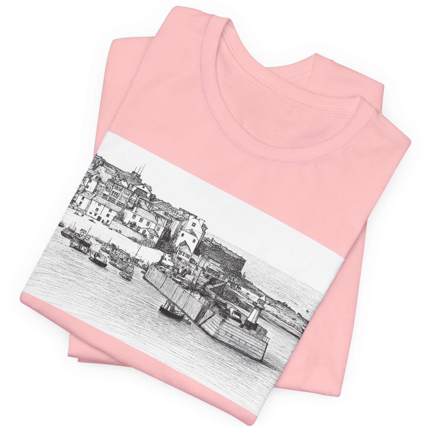 Folded Pink St Ives Cornwall graphic t-shirt, seaside sketch tee
