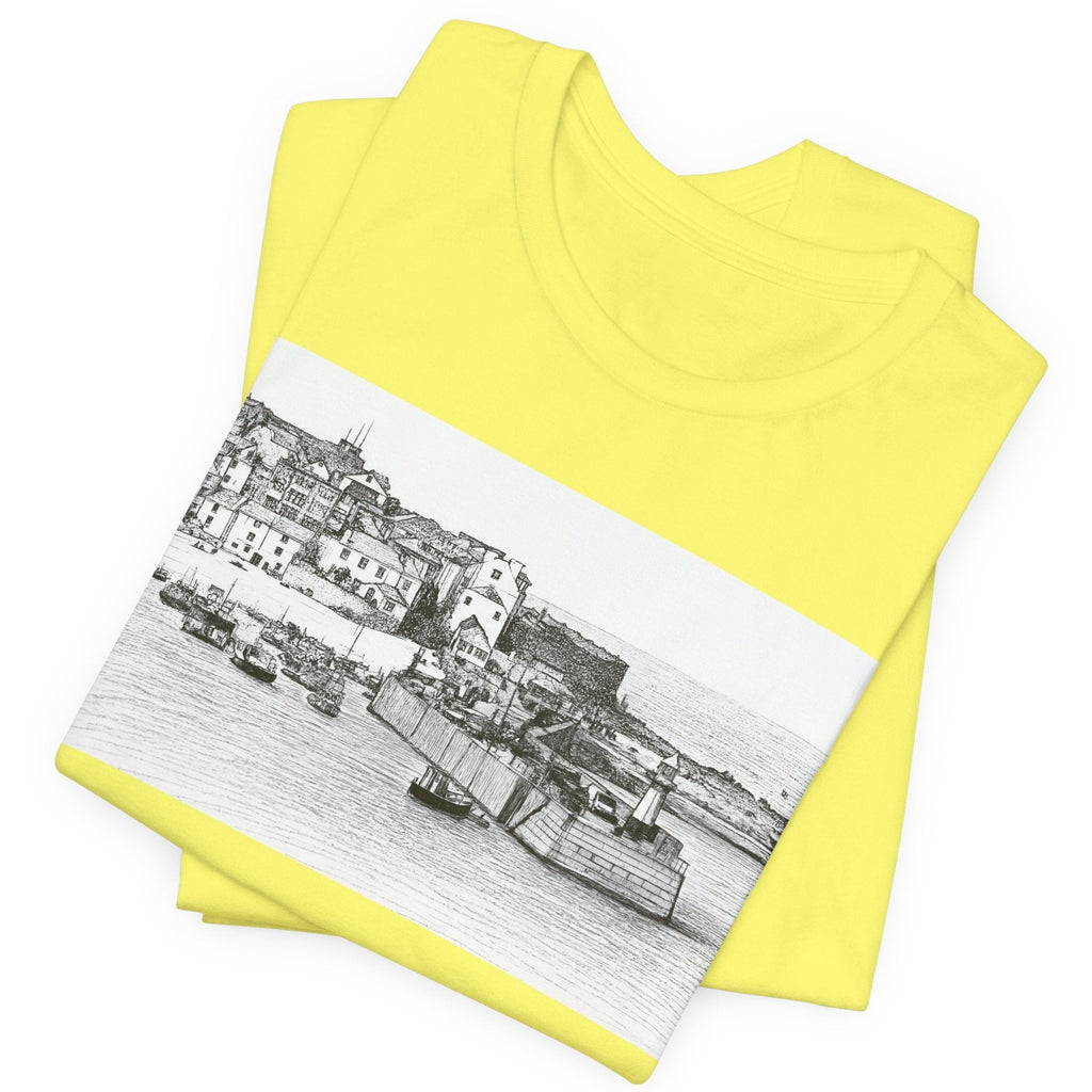 Folded St Ives Cornwall graphic tee yellow, coastal harbour sketch t-shirt