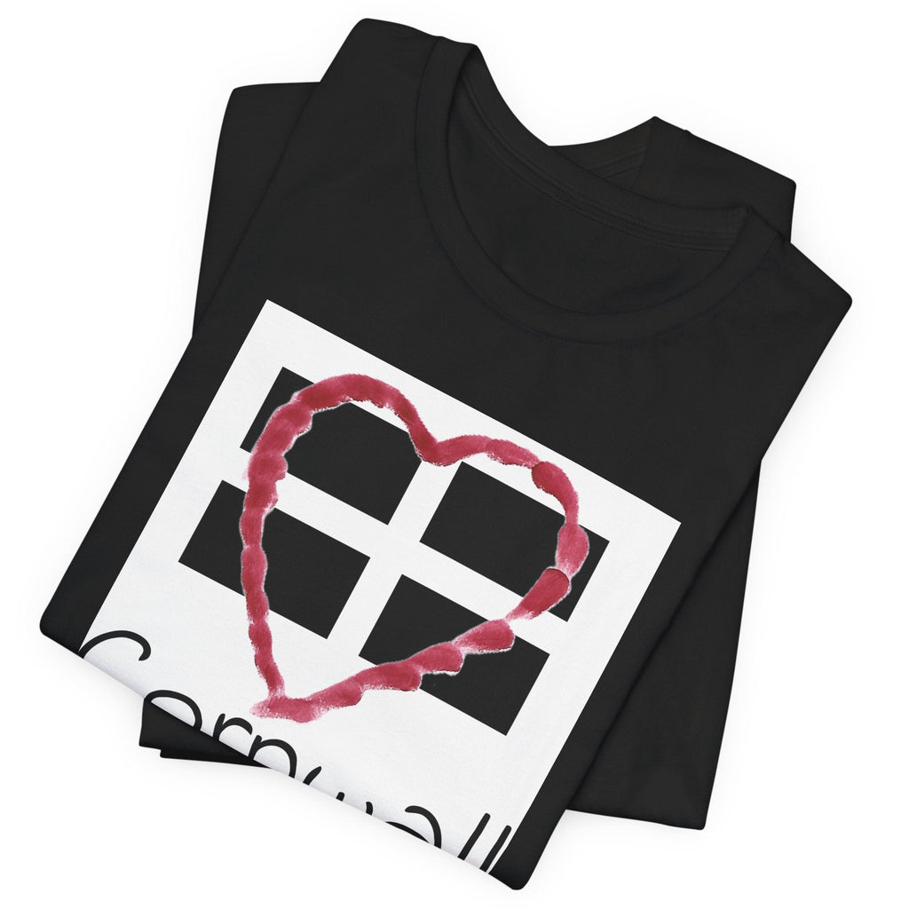 Folded black Cornwall Heart Flag t-shirts, St Piran flag graphic tee stack