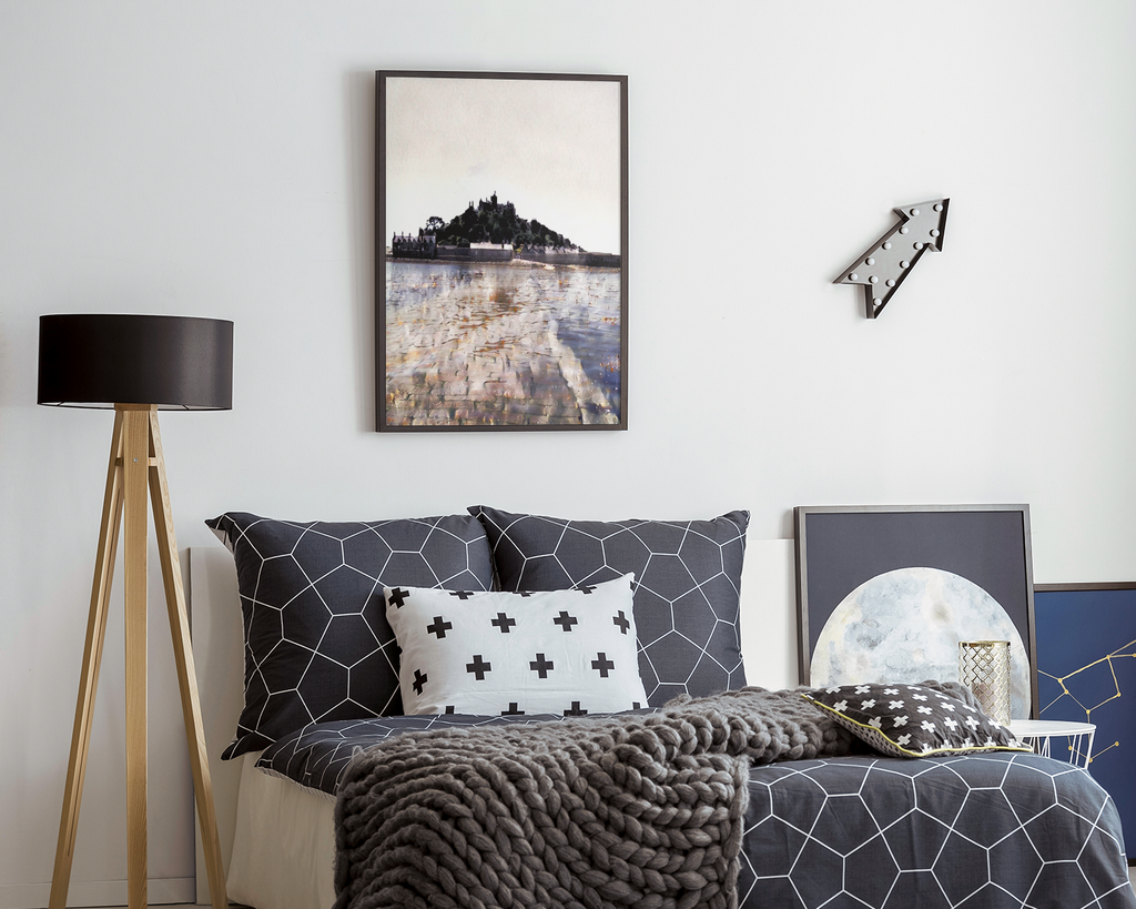 Framed St Michael's Mount giclée print on textured stone feature wall
