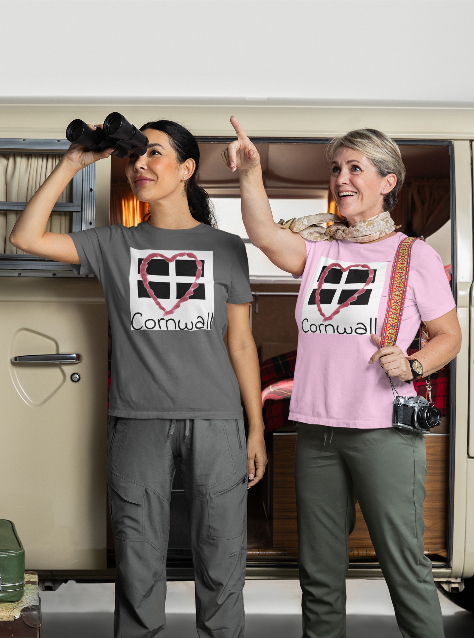 Friends wearing Cornwall Heart Flag t-shirts, matching Cornwall gift tees