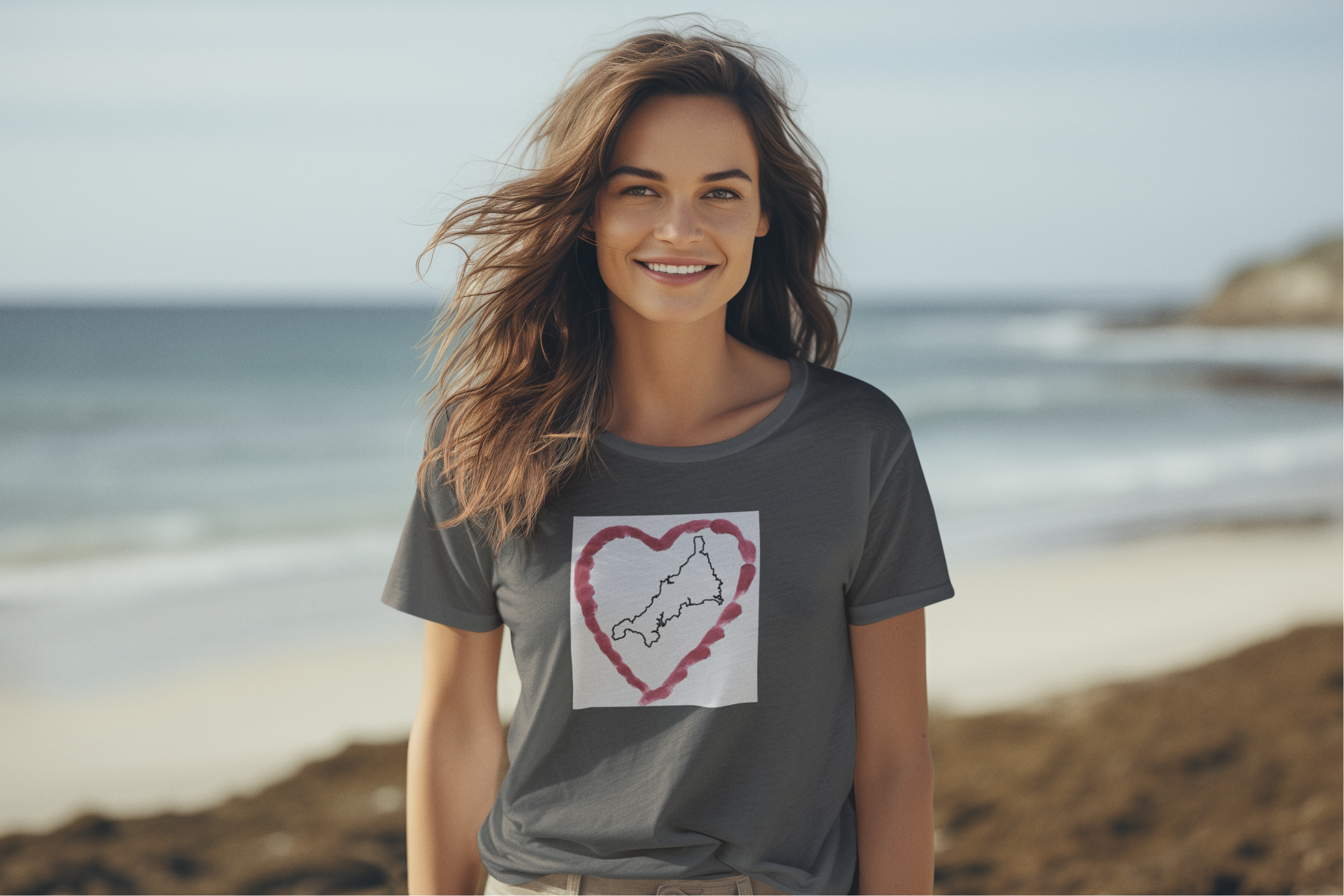 Girl in I Love Cornwall Asphalt unisex t-shirt — Kernow heart map graphic tee