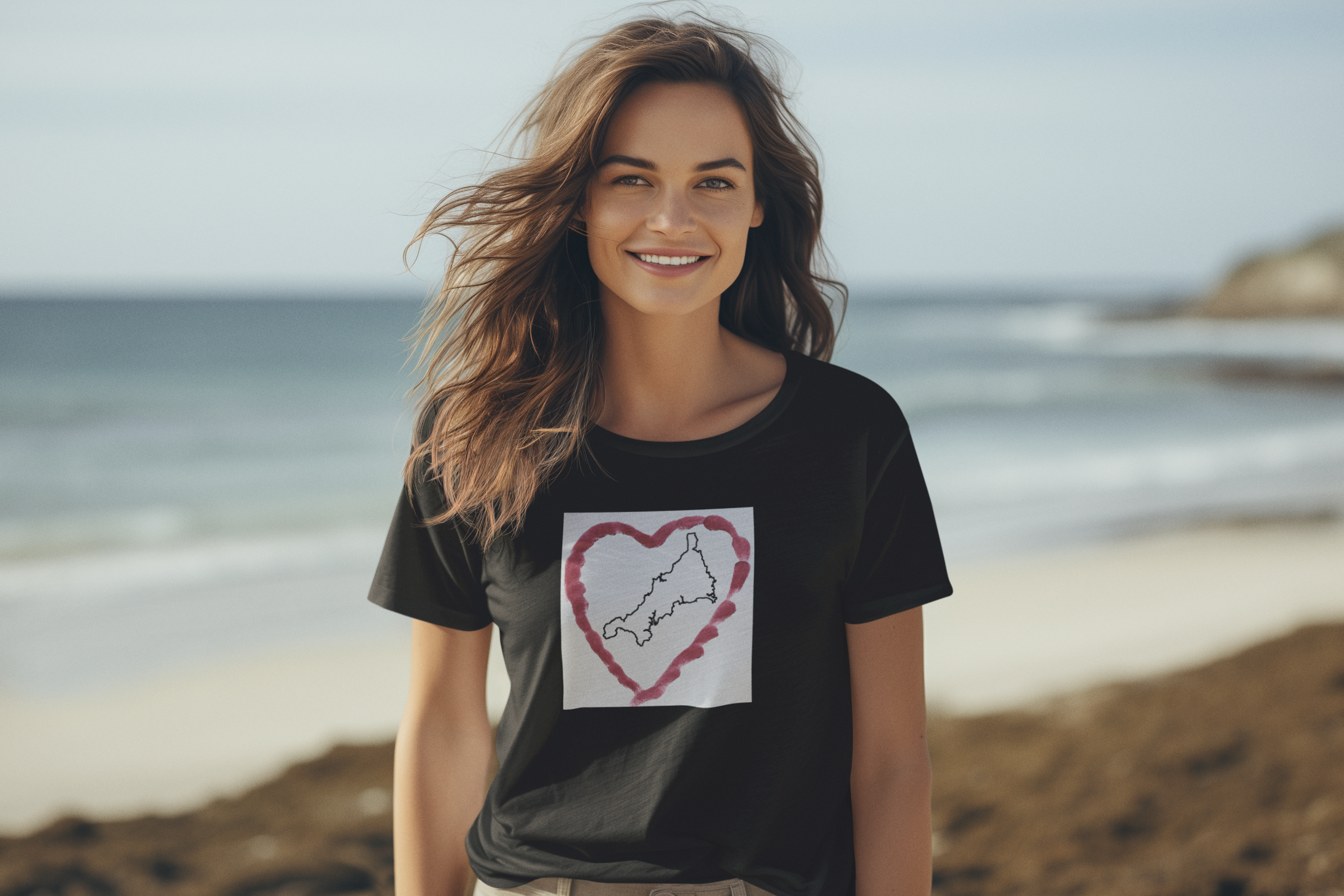 Girl in I Love Cornwall Black unisex t-shirt — Kernow heart map graphic tee