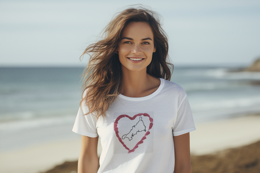 Girl in I Love Cornwall white unisex t-shirt — Kernow heart map graphic tee