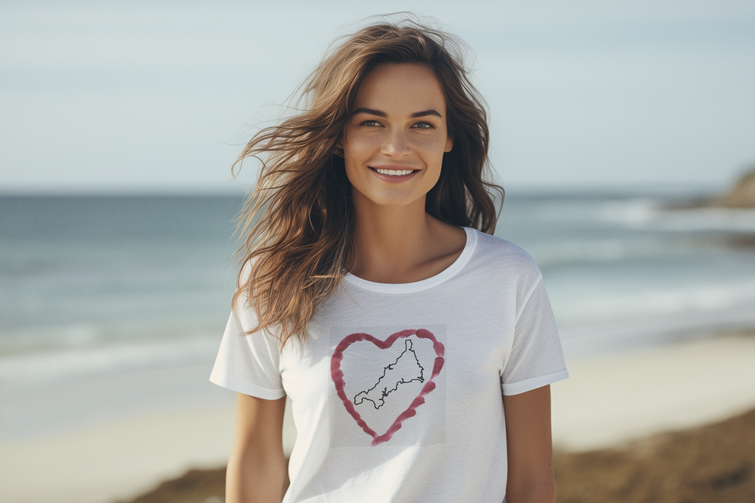 Girl in I Love Cornwall white unisex t-shirt — Kernow heart map graphic tee