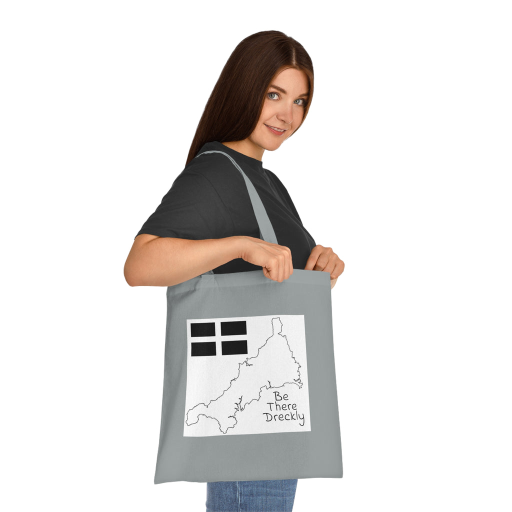 Grey Cornwall dreckly tote bag worn over shoulder — Cornish gift cotton shopper