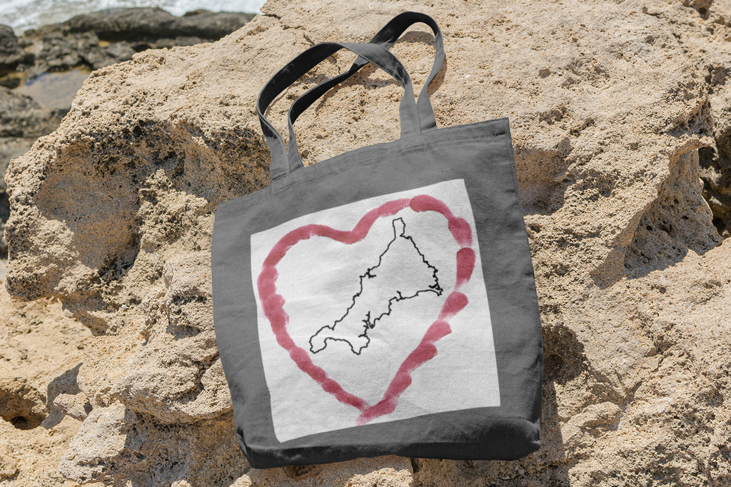 Grey I Love Cornwall tote bag with Kernow heart design — Cornish gift shopper
