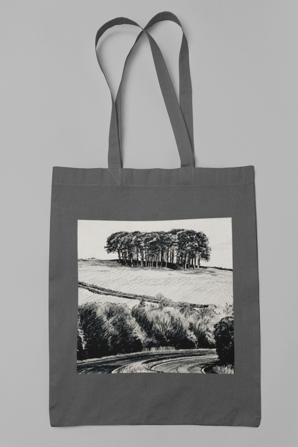 Grey cotton tote bag, Nearly There Trees A30 Cornwall illustration