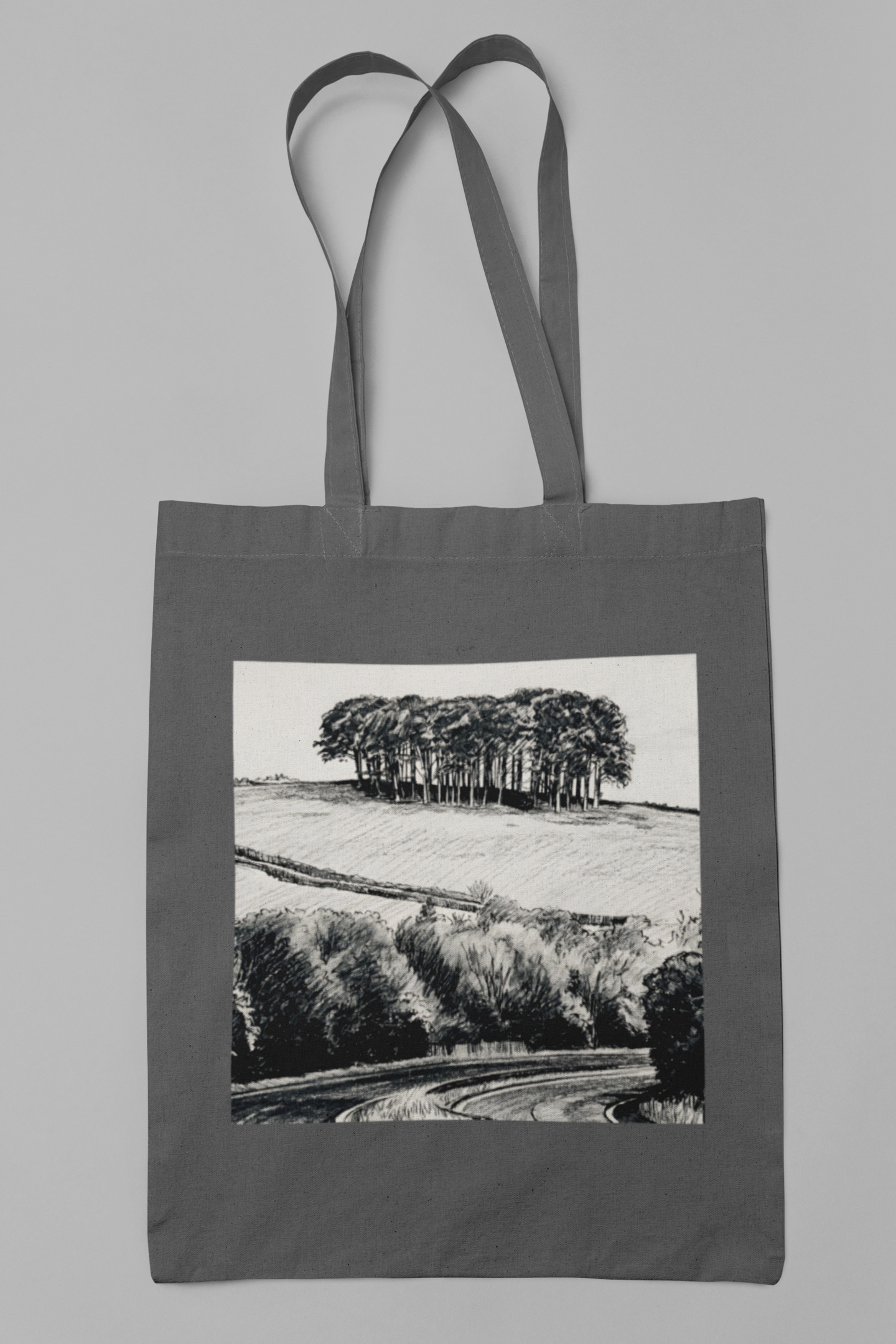Grey cotton tote bag, Nearly There Trees A30 Cornwall illustration