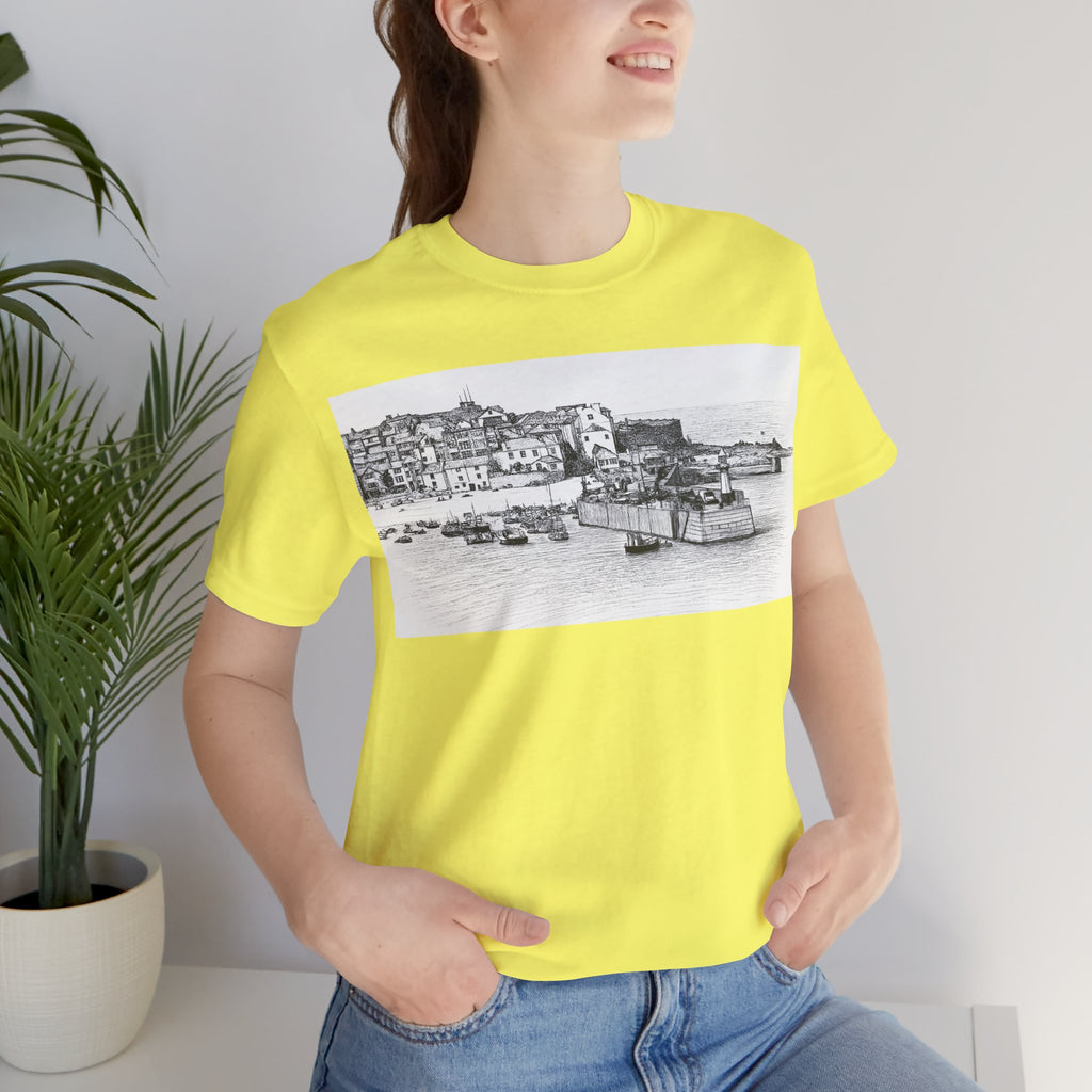 Holiday home St Ives Cornwall graphic tee yellow, coastal harbour sketch t-shirt