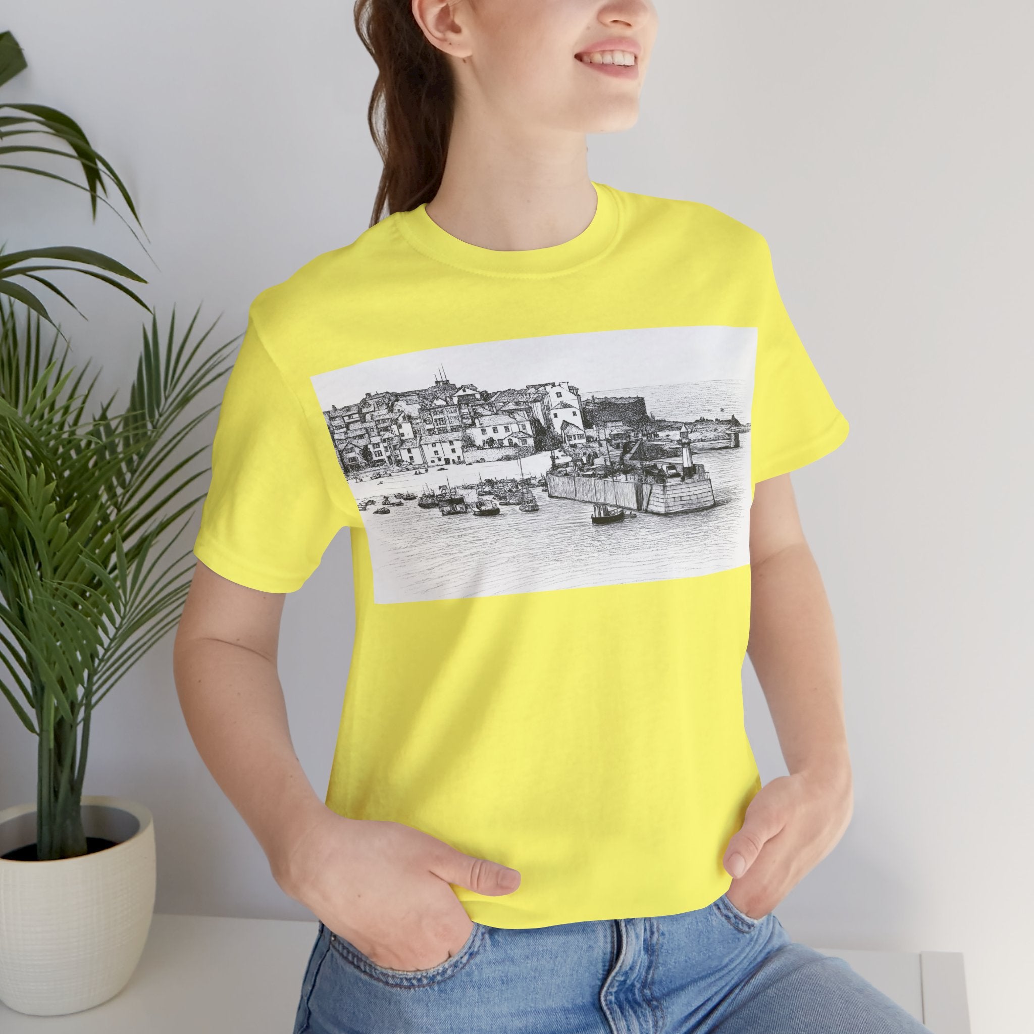 Holiday home St Ives Cornwall graphic tee yellow, coastal harbour sketch t-shirt
