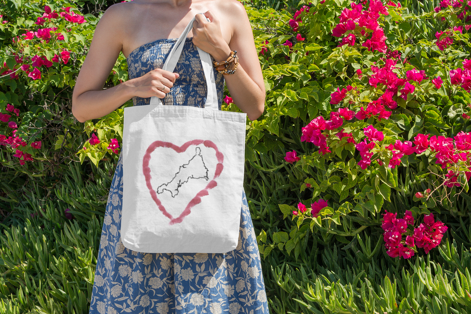 I Love Cornwall gift tote bag in vibrant flower setting — Cornwall heart shopper