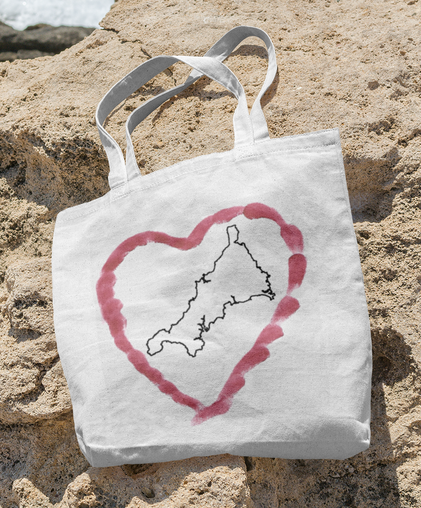 I Love Cornwall white cotton tote bag — Kernow heart map design gift shopper
