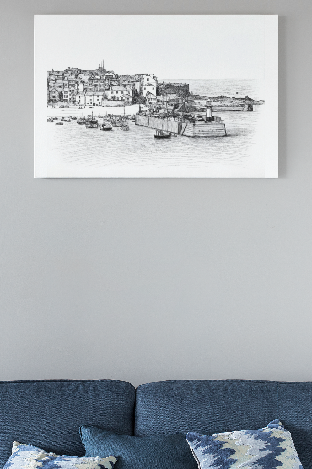 Large St Ives Harbour canvas wall art in modern living room, Cornwall coastal landscape artwork for seaside home décor