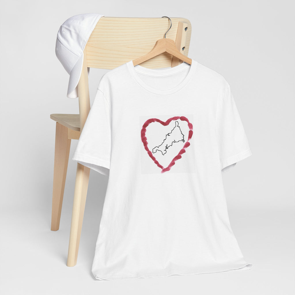 I Love Cornwall white unisex t-shirt on hanger — Kernow heart map graphic tee