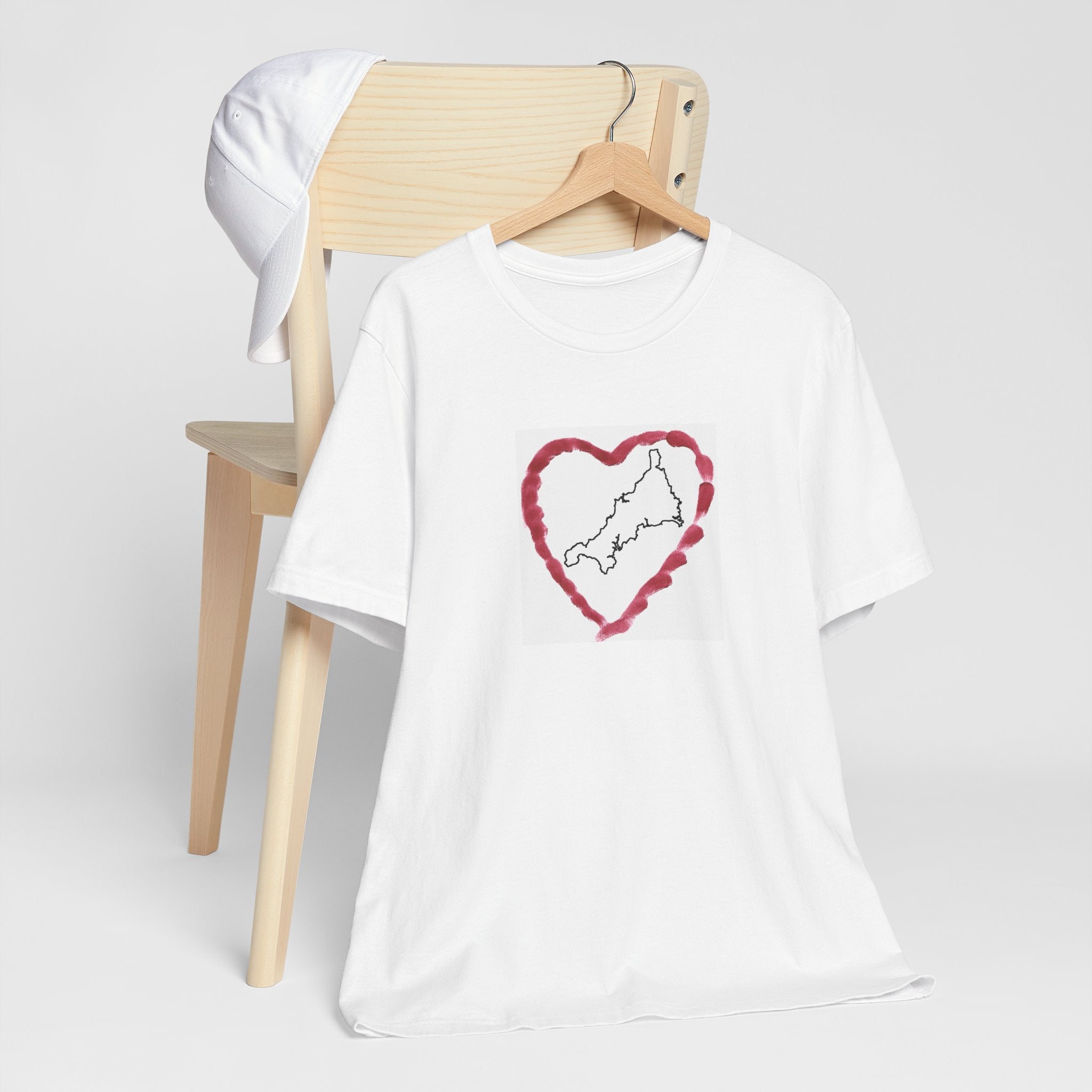 I Love Cornwall white unisex t-shirt on hanger — Kernow heart map graphic tee