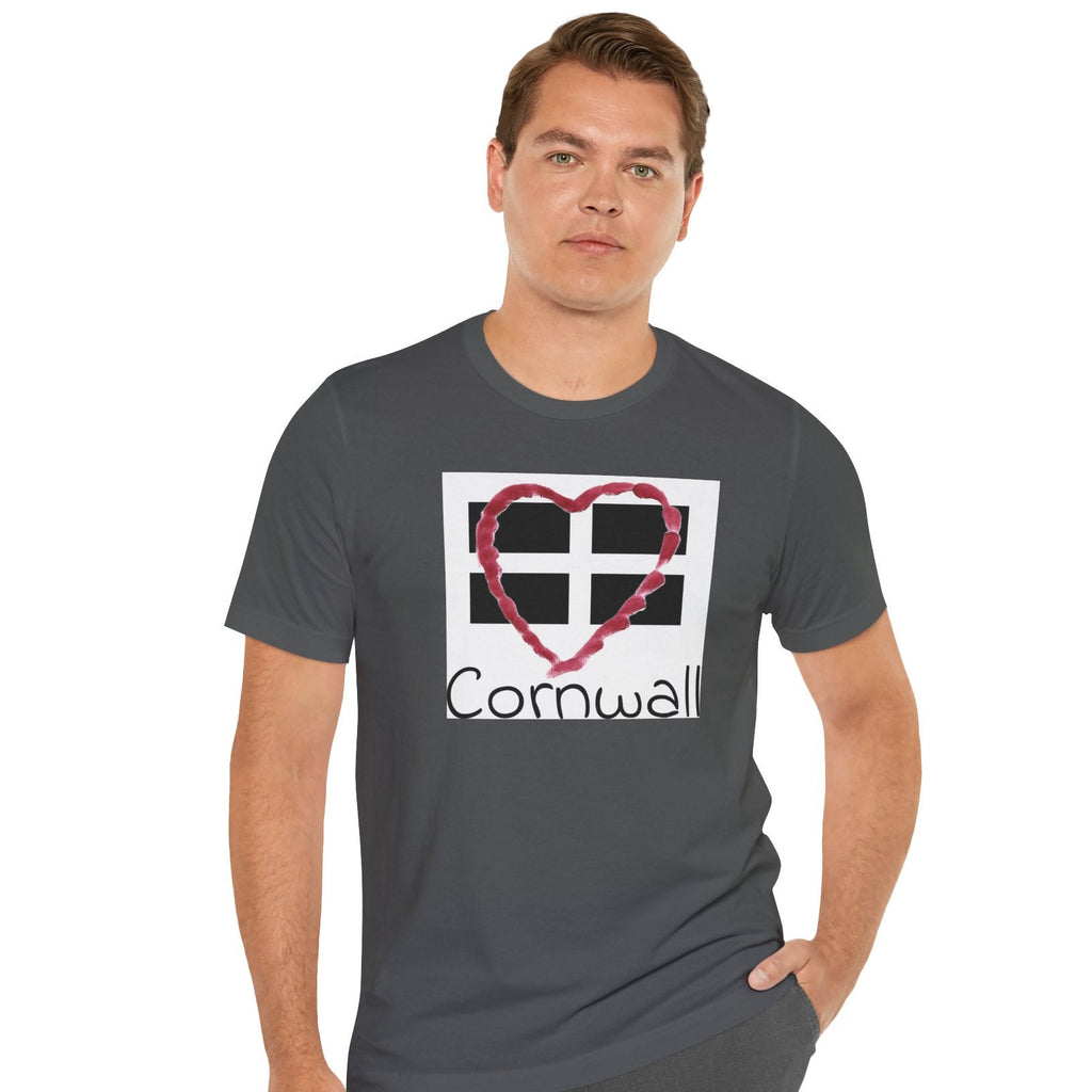 Man wearing Asphalt grey Cornwall Heart Flag t-shirt, minimalist Love Cornwall design
