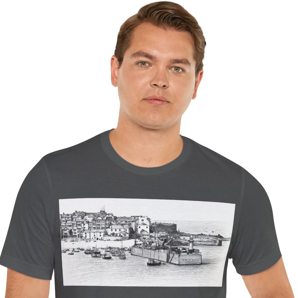 Man wearing Asphalt grey St Ives harbour illustration t-shirt, Bella+Canvas unisex tee