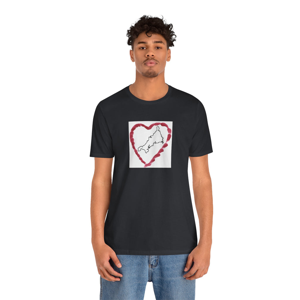 Man wearing I Love Cornwall Black unisex t-shirt — Kernow heart map graphic tee