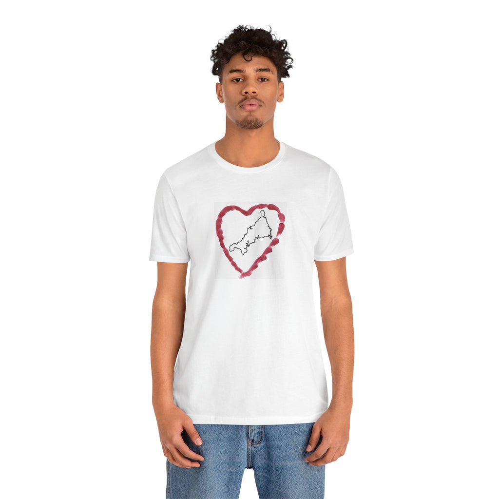 Man wearing I Love Cornwall white unisex t-shirt — Kernow heart map graphic tee
