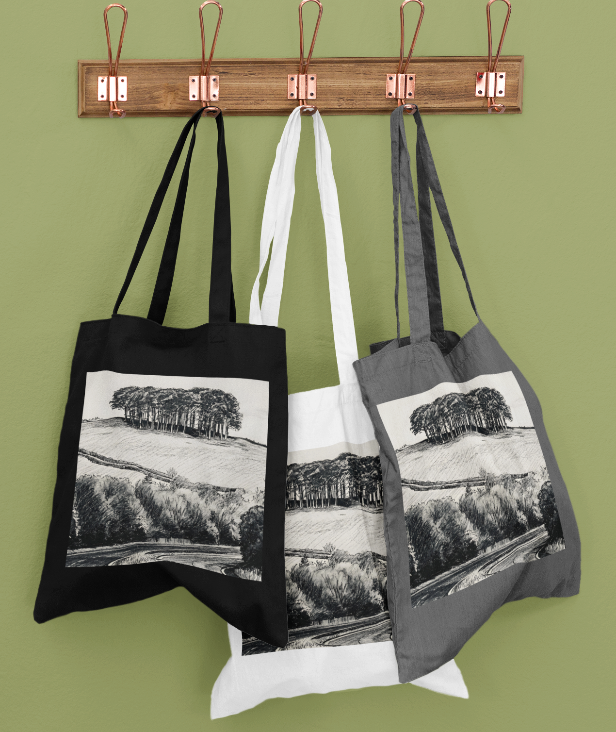 Nearly There Trees 3 colours Cornwall tote bags hanging, cotton canvas shopper