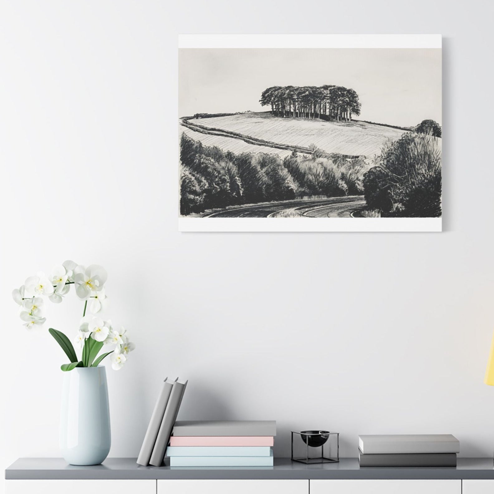 Nearly There Trees Cornwall canvas in living room – iconic A30 landscape art ready to hang