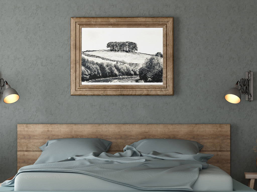Nearly There Trees Cornwall print above bed on teal wall – Cookworthy Knapp A30 giclée art gift idea