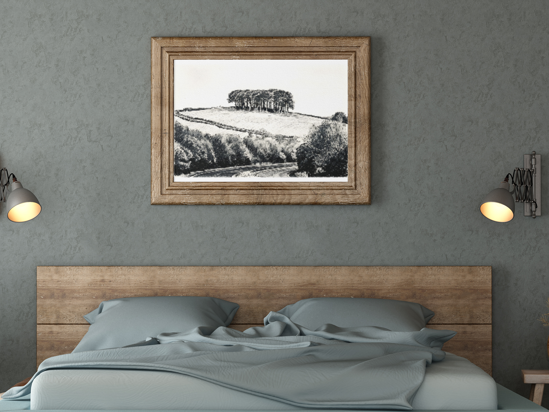Nearly There Trees Cornwall print above bed on teal wall – Cookworthy Knapp A30 giclée art gift idea