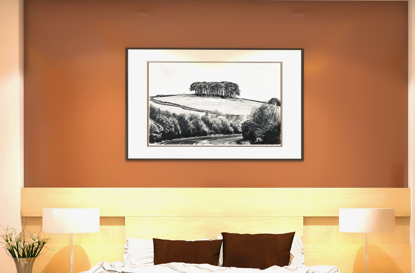 Nearly There Trees art print above bed on terracotta wall – Cornwall black and white landscape bedroom wall art