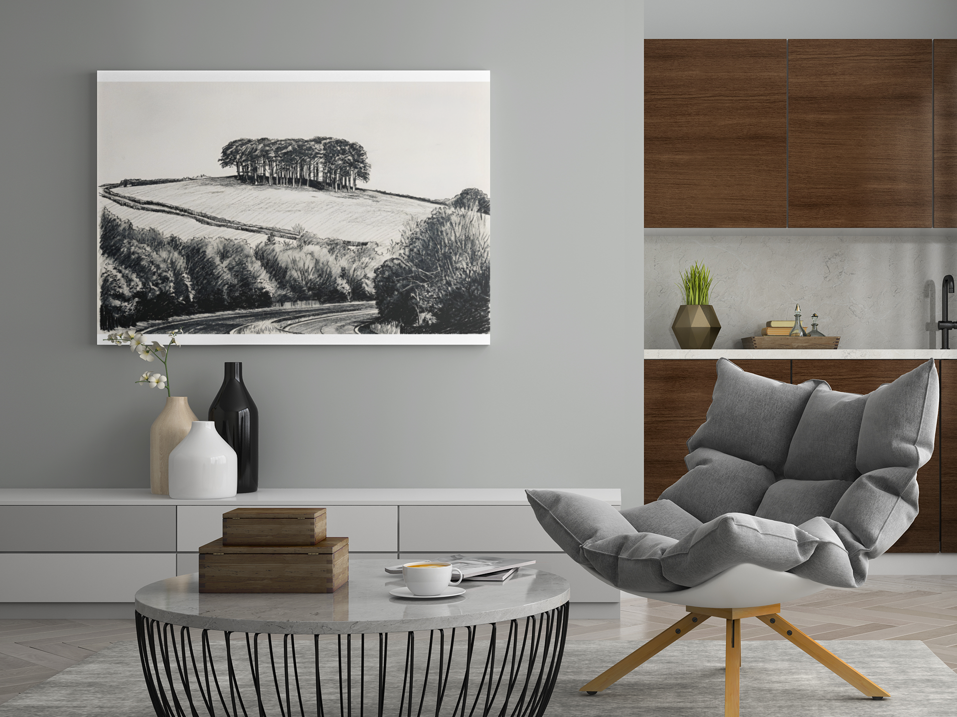 Nearly There Trees canvas in modern white room – Devon Cornwall border landscape wall art