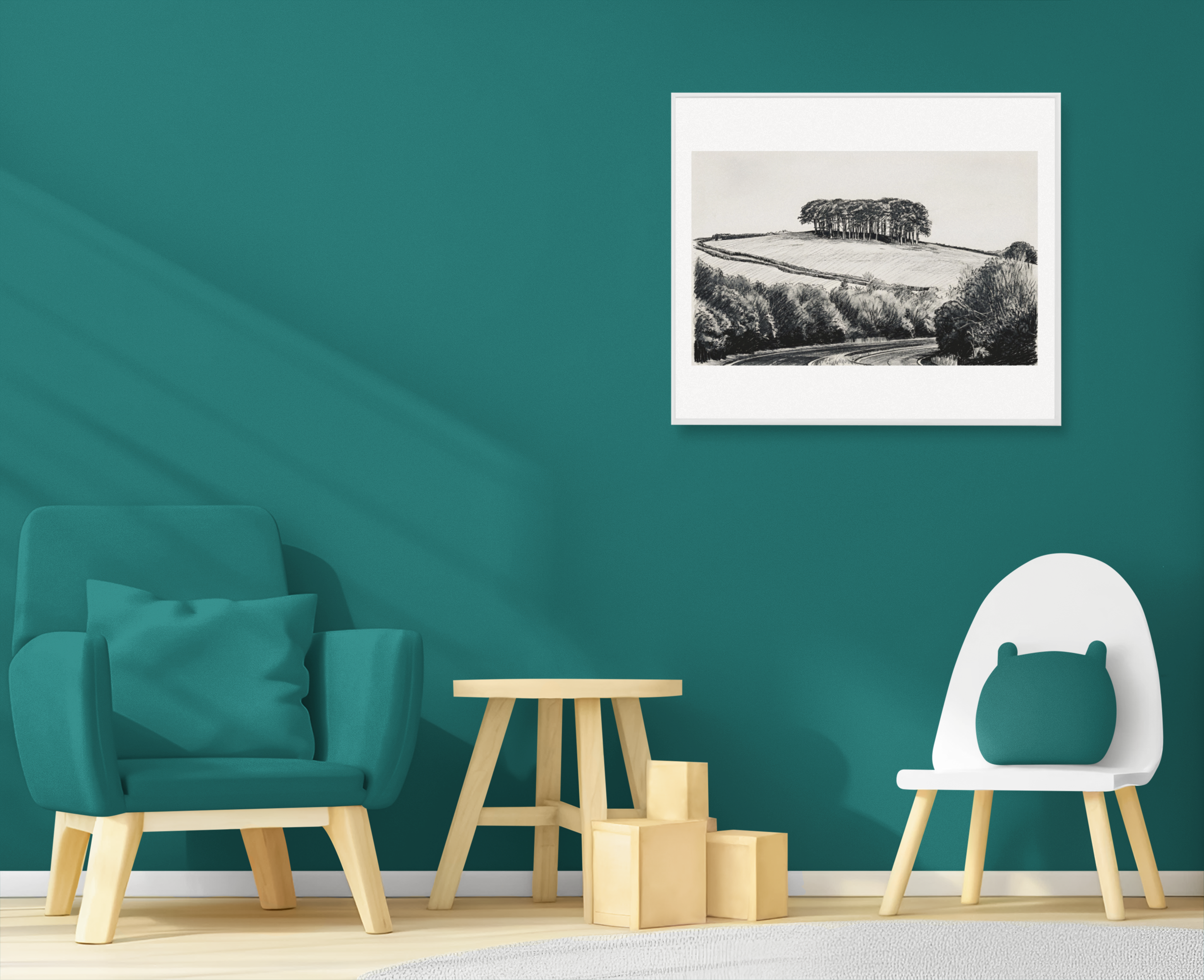 Nearly There Trees canvas on teal wall – Cookworthy Knapp charcoal art Cornwall gift