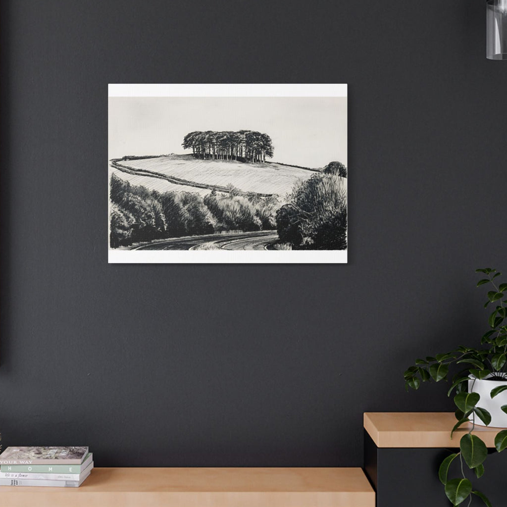 Nearly There Trees charcoal canvas on dark wood feature wall – Cookworthy Knapp Cornwall wall art
