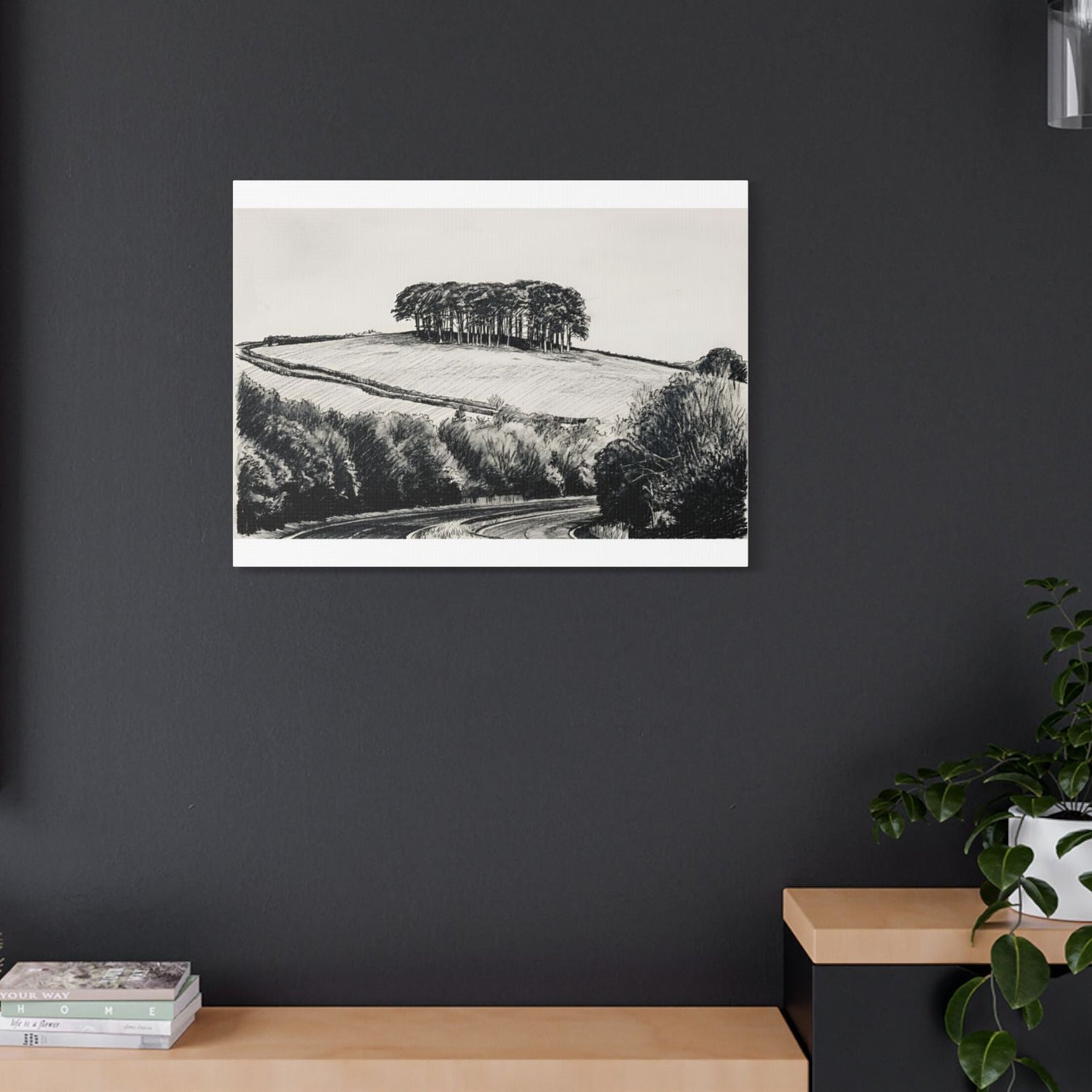 Nearly There Trees charcoal canvas on dark wood feature wall – Cookworthy Knapp Cornwall wall art