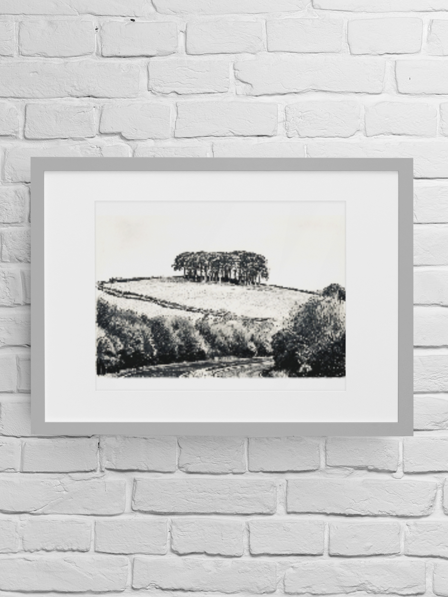 Nearly There Trees fine art print in grey frame on white brick wall – Cookworthy Knapp Cornwall black and white giclée