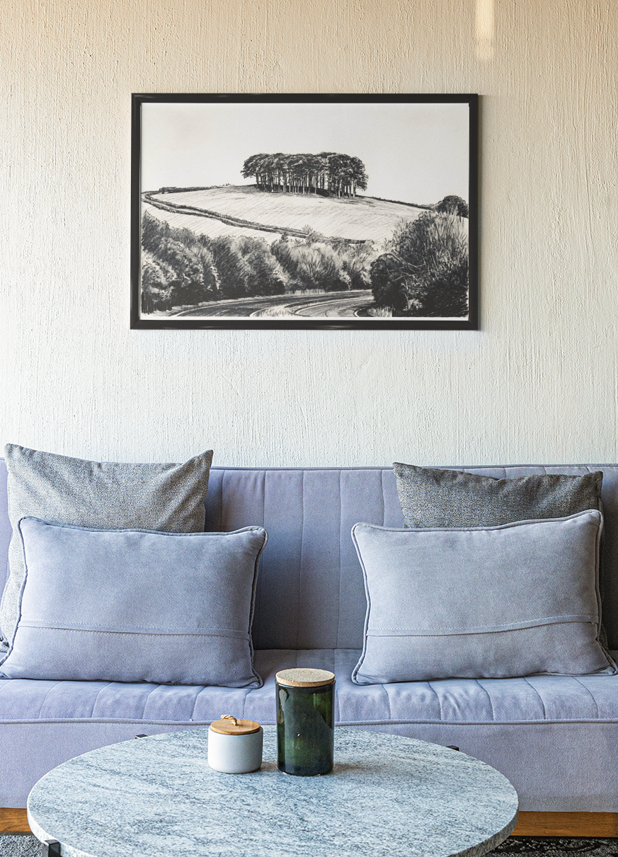 Nearly There Trees fine art print in minimal room – Cornwall countryside black and white wall art UK