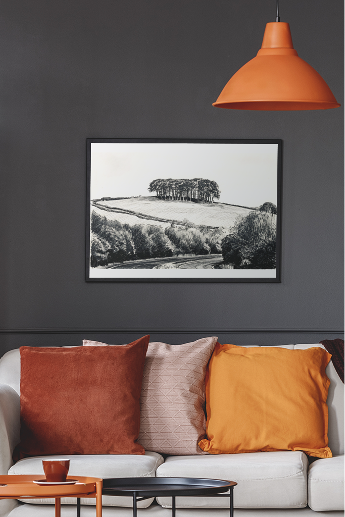 Nearly There Trees fine art print on dark charcoal wall above sofa – Cookworthy Knapp Cornwall black and white giclée landscape art