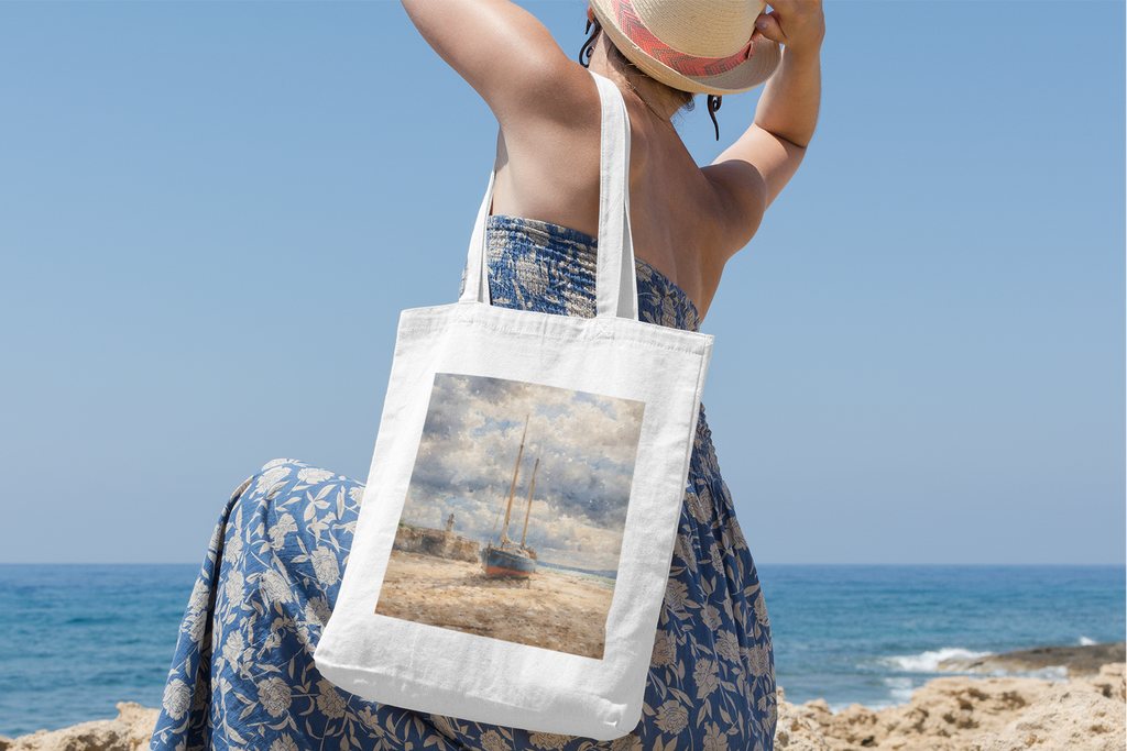 Person carrying St Ives working boat tote bag — Cornwall cotton coastal shopper