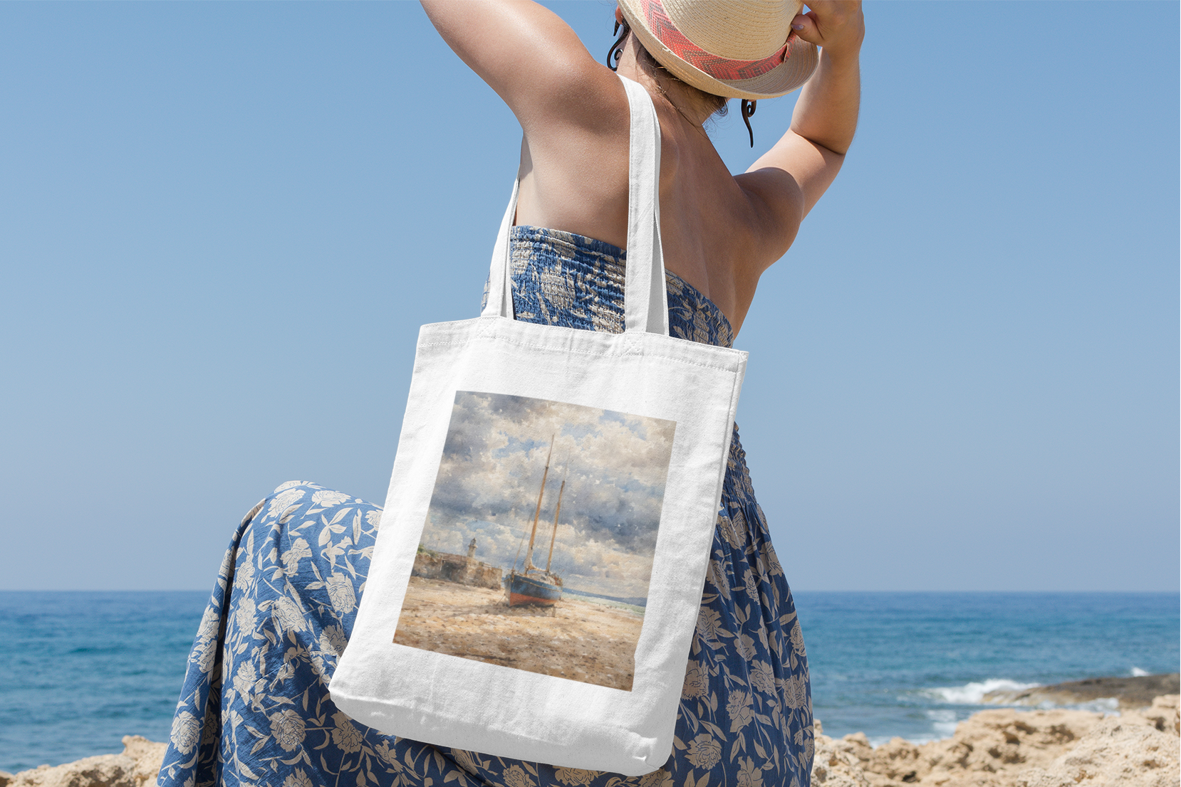 Person carrying St Ives working boat tote bag — Cornwall cotton coastal shopper