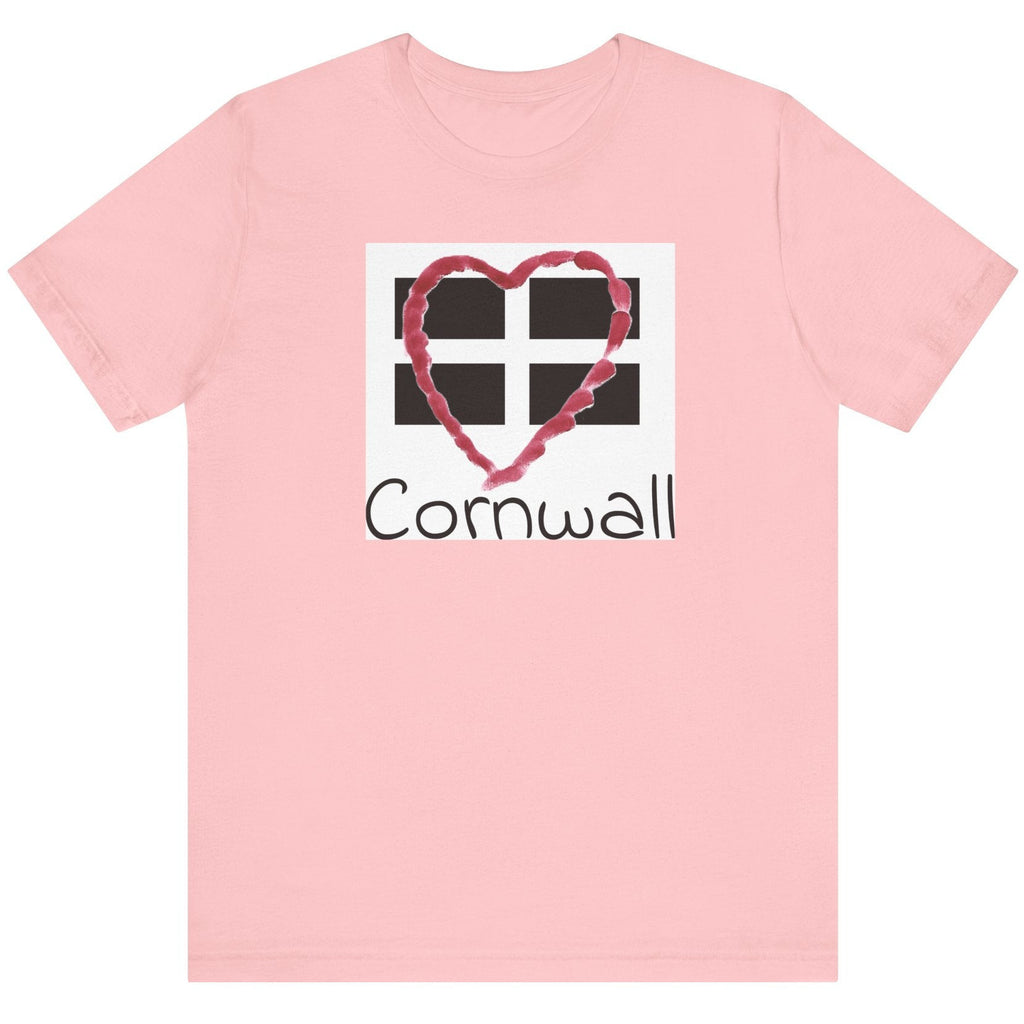 Pink Cornwall Heart Flag t-shirt flat lay, Love Cornwall graphic tee