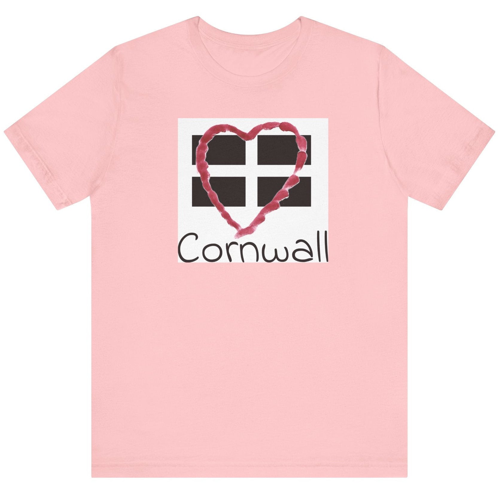 Pink Cornwall Heart Flag t-shirt flat lay, Love Cornwall graphic tee