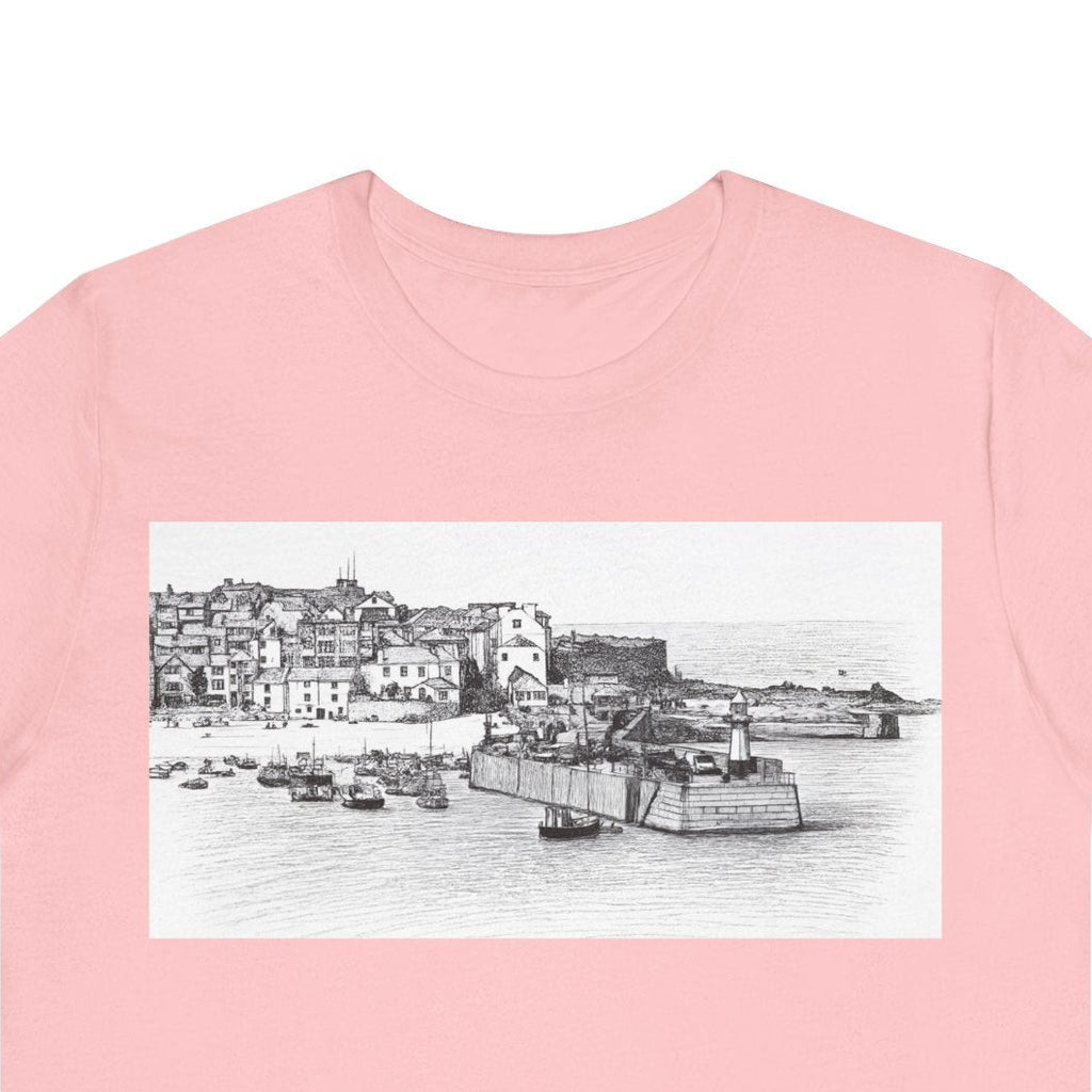 Pink St Ives Cornwall graphic t-shirt, seaside sketch tee