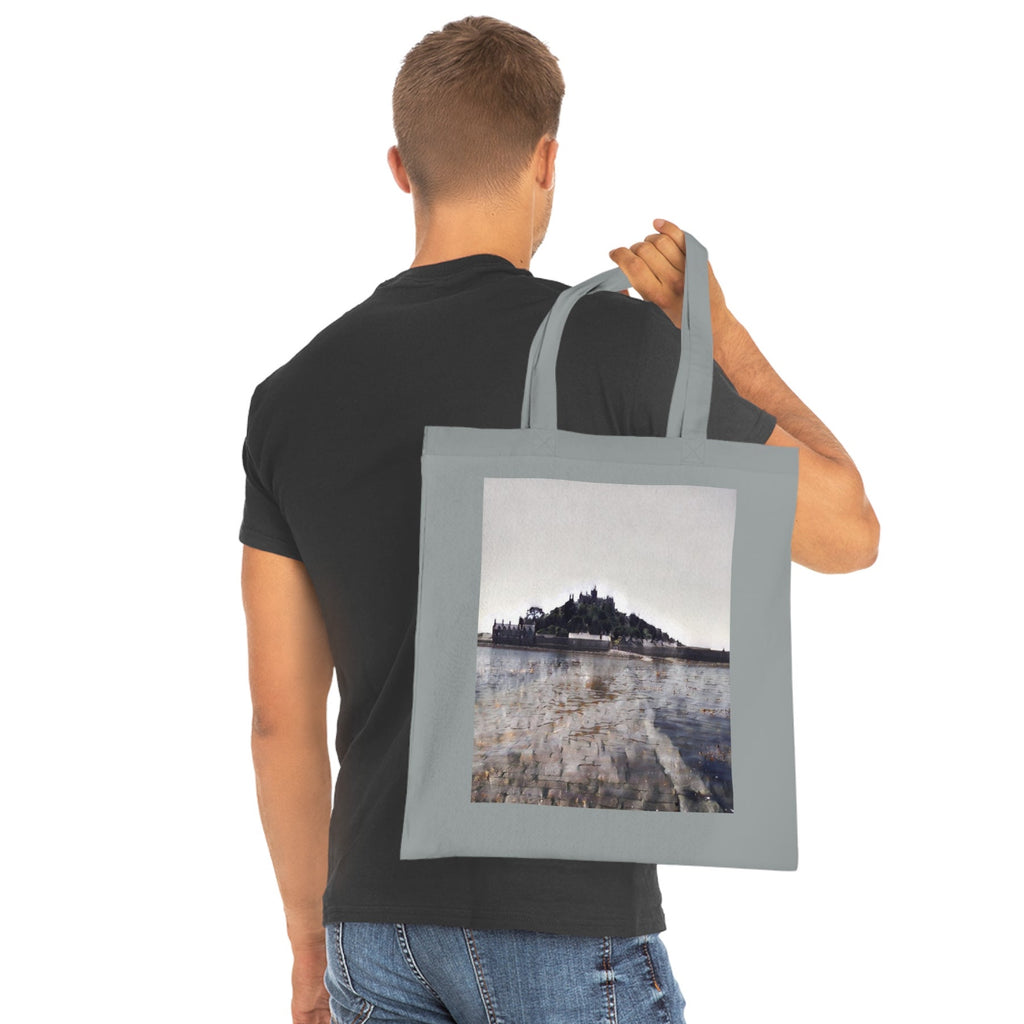 Reinforced double-stitched handles on Grey St Michael's Mount Cornwall cotton tote