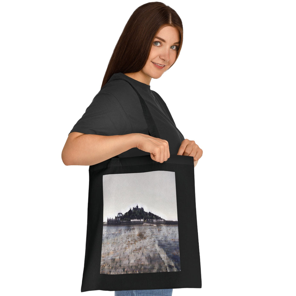 Reverse of Black St Michael's Mount Cornwall tote bag — double-sided coastal artwork
