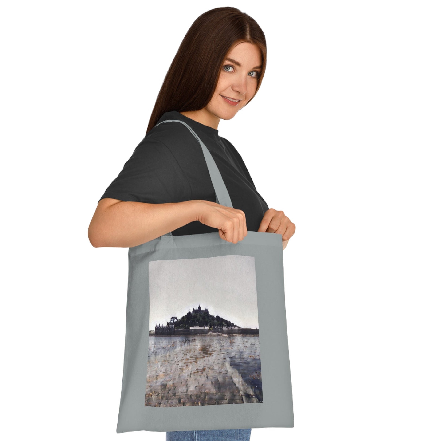 Reverse of Grey St Michael's Mount Cornwall tote bag — double-sided coastal artwork