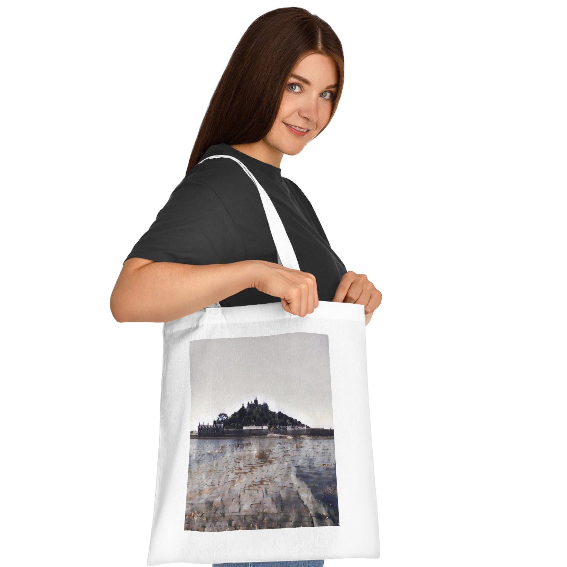 Reverse of St Michael's Mount Cornwall white tote bag — double-sided coastal artwork