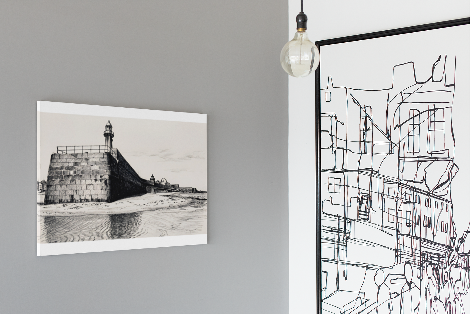 Smeaton's Pier Cornwall canvas on grey wall – monochrome St Ives harbour art home decor