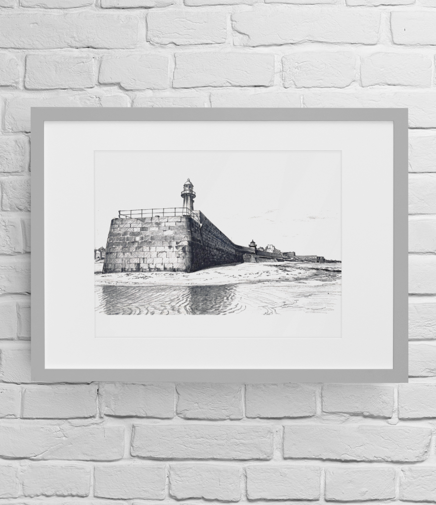 Smeaton's Pier St Ives fine art print framed on white brick wall – Cornwall coastal poster
