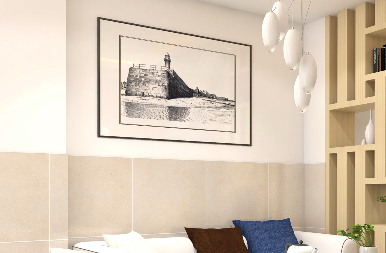 Smeaton's Pier fine art print in neutral bedroom – Cornwall lighthouse minimalist wall art