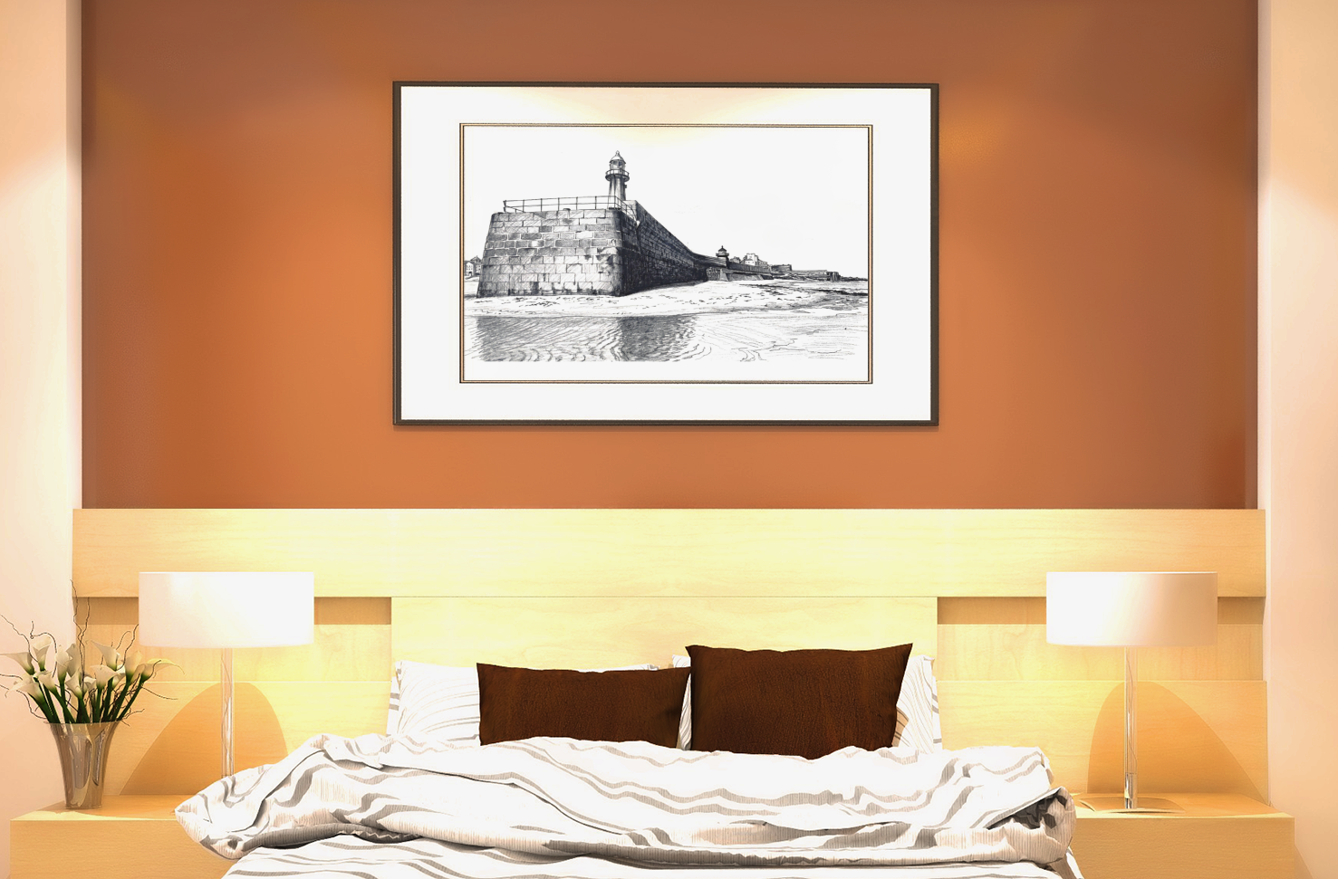 Smeaton's Pier Cornwall art print in styled bedroom – nautical lighthouse giclée poster