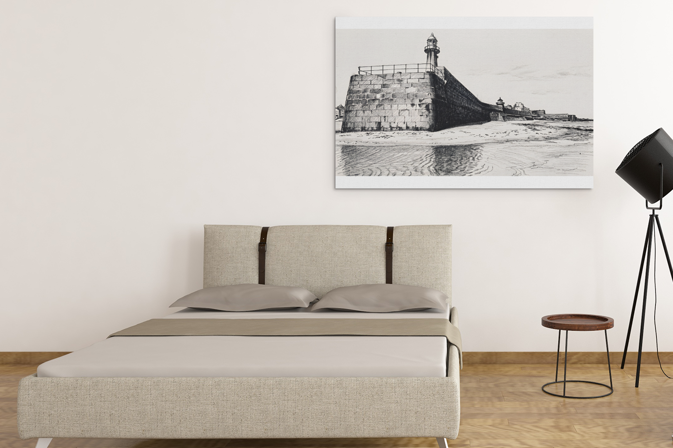 Smeaton's Pier St Ives canvas print in minimal bedroom – Cornwall harbour art above sofa ready to hang